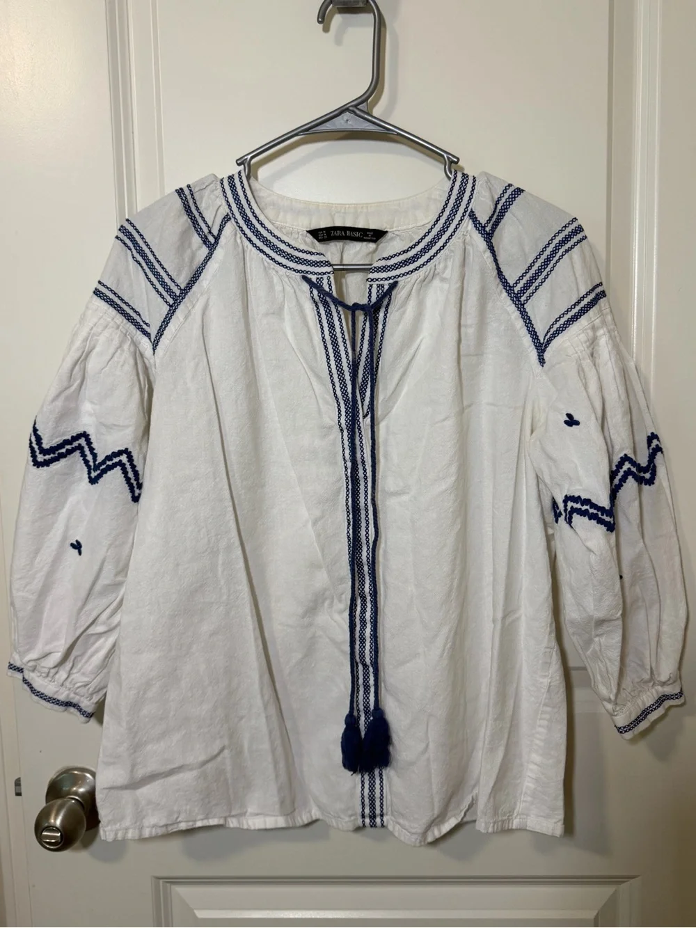 Zara White Peasant Blouse with Navy Trim